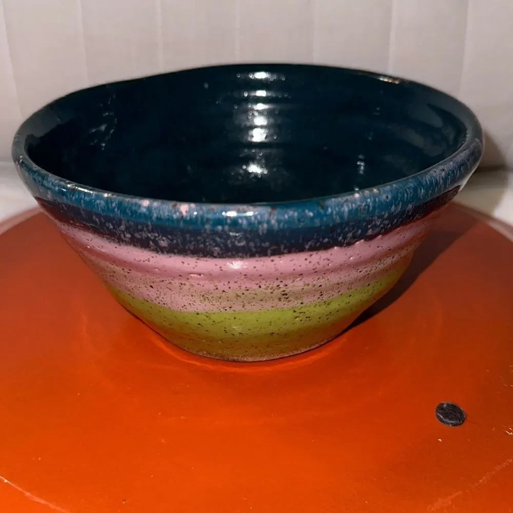 Handmade Clay Pot Pottery Teal Blue Green Lavender Tan